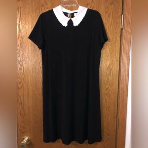 Elle black short sleeve dress with white embroidered collar, size L